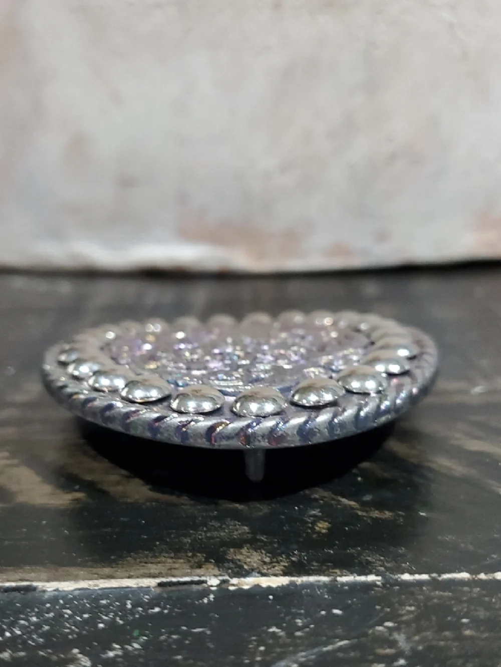 Vintage Silver Floral Oval Belt Buckle Pink And Purple Shimmer W Studs Cowgirl